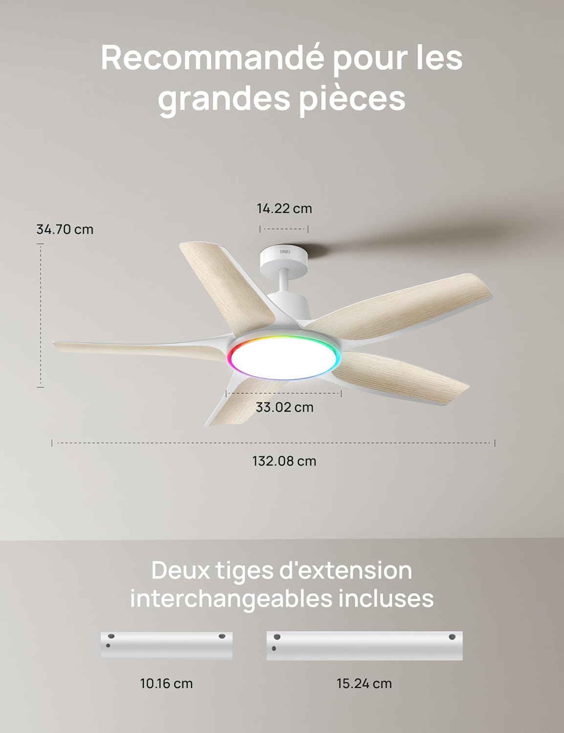 DREO Ventilateur De Plafond Intelligent à Profil Bas Avec Lumière 132 Cm, LED Dimmable à Température De Couleur Réglable, éclairage D’ambiance RGB, Moteur CC Silencieux, Installation Facile, Blanc,APP