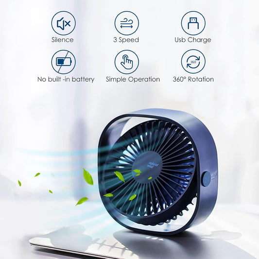 Simpeak Ventilateur USB Mini Ventilateur Portable Silencieux Ventilateur Bureau 3 Vitesses Réglable Alimenté Par USB, Pour Le Maison Et Bureau (Bleu)