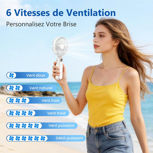 Mini Ventilateur Portable, 6 Vitesses Ventilateur Portable A Main USB Rechargeable, Affichage LCD, Silencieux, Petit Ventilateur De Poche Pliable Pour Voyage, Bureau, Maison, Extérieur