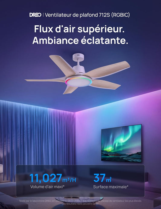 DREO Ventilateur De Plafond Intelligent à Profil Bas Avec Lumière 132 Cm, LED Dimmable à Température De Couleur Réglable, éclairage D’ambiance RGB, Moteur CC Silencieux, Installation Facile, Blanc,APP