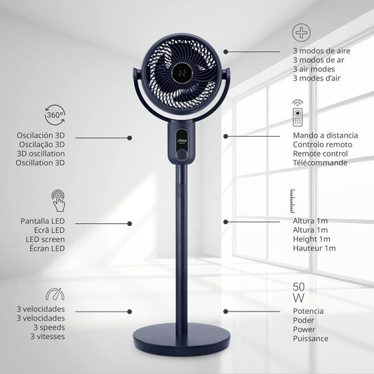 UFESA 3D50 Ventilateur De Circulation D'air Avec Oscillation 3D 360º, Multidirectionnel, 50W, 2 Hauteurs, 3 Vitesses, 3 Modes, 1m Haut, Télécommande, Minuterie, Écran LED, Nero