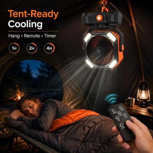 Ventilateur De Camping Rechargeable 10000mAh Avec Lanterne LED, Ventilateur Brumisateur Portable Avec Oscillation Auto Pour Tente, Accessoire Camping Avec Télécommande, ABS, Orange