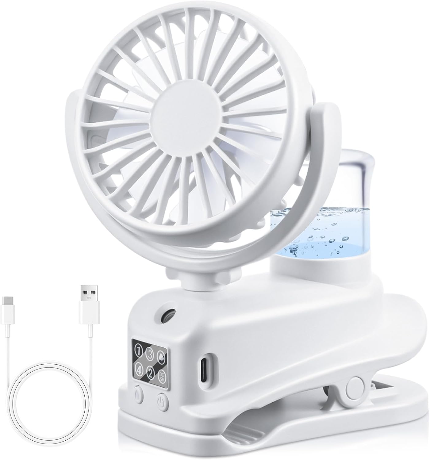  JIZZU Ventilateur à Pince, Mini Ventilateur Rechargeable Par USB Avec Spray Humidificateur, à 4 Vitesses Avec Clip, Affichage LED, Small Table Fan Pour Bureau, Maison, Camping - Blanc