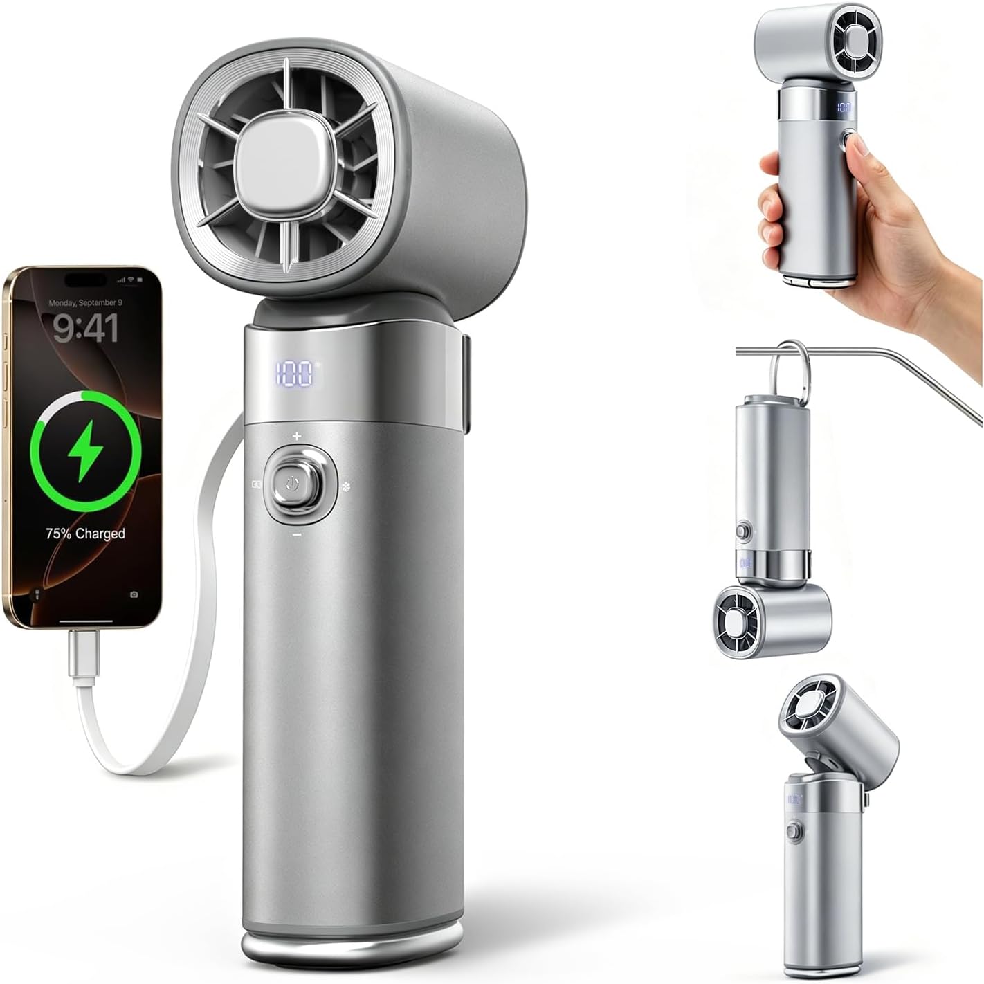  YAyusi Ventilateur Portable Rechargeable,10000mAh Multifonctionnel Et Puissant Avec Fonction De Refroidissement Par Glace,Turbo Rechargeable Puissance Réglables (0 à 100) Pour Les Voyages/Bureau