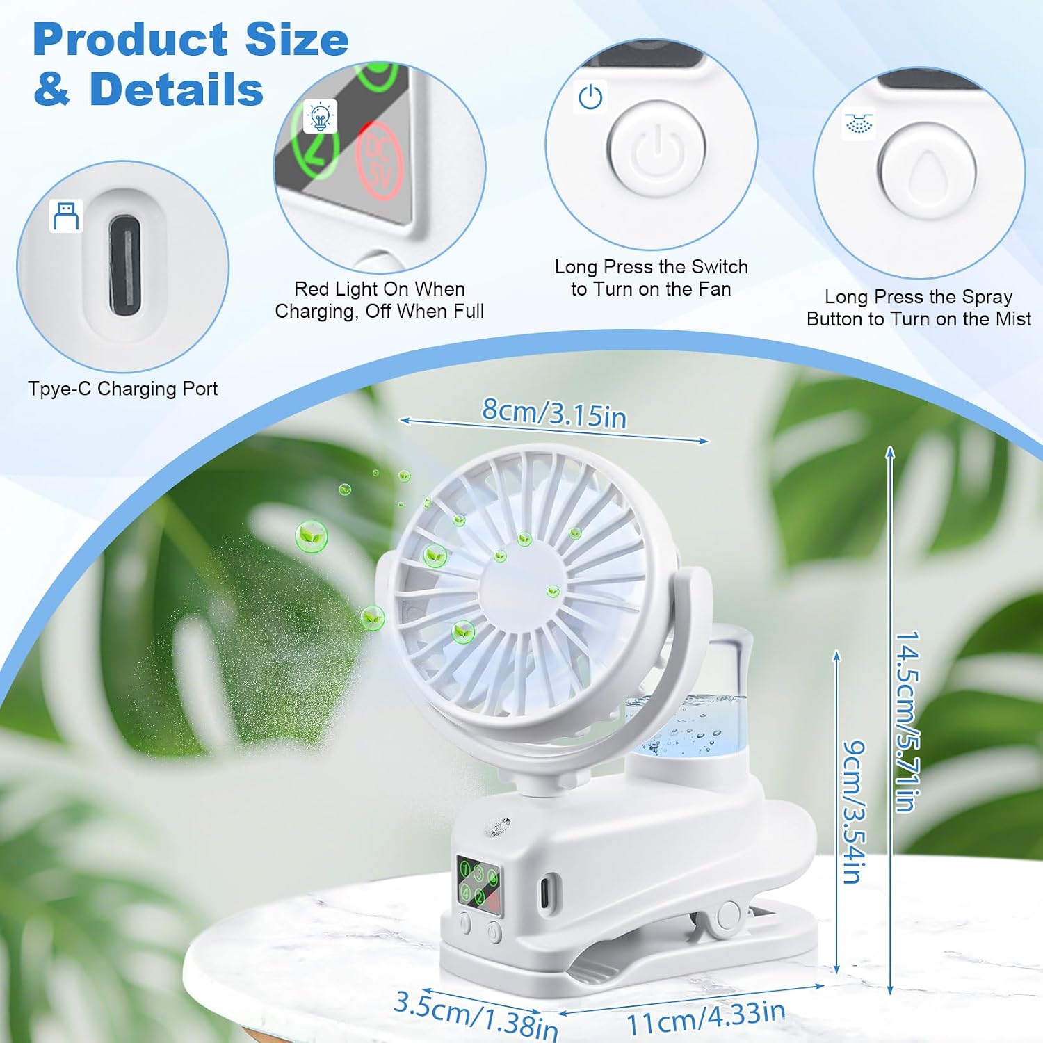  JIZZU Ventilateur à Pince, Mini Ventilateur Rechargeable Par USB Avec Spray Humidificateur, à 4 Vitesses Avec Clip, Affichage LED, Small Table Fan Pour Bureau, Maison, Camping - Blanc