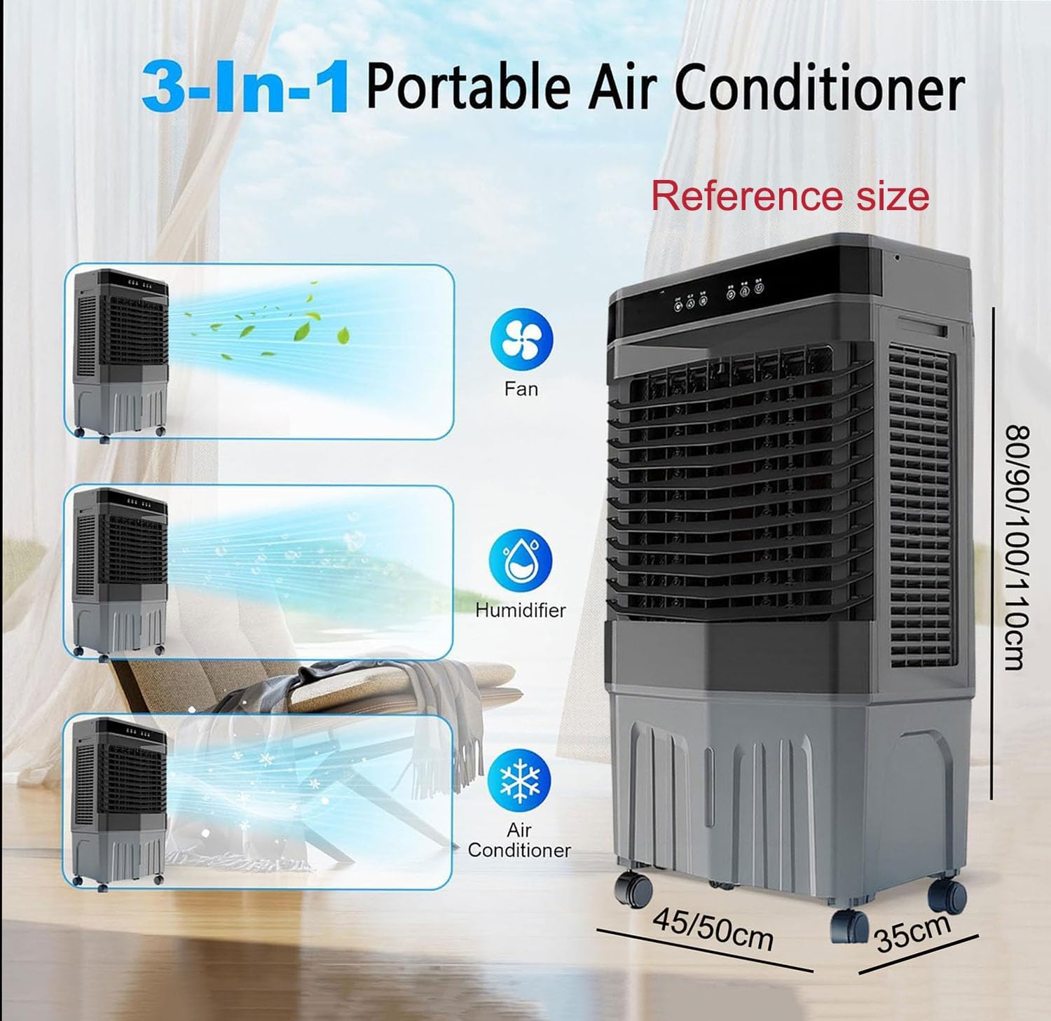 GENERIC Ventilateur De Refroidisseur D'air Portable, Refroidisseur évaporatif à 3 Vitesses Avec Oscillation Et Minuterie, Humidificateur De Brime Silencieux Pour La Chambre De Bureau à Domicile, Conception De
