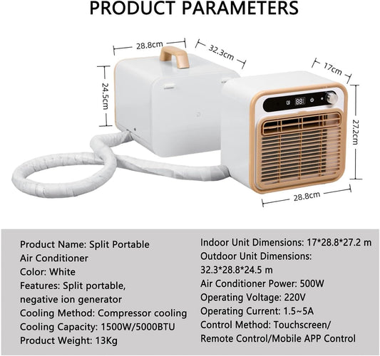 GENERIC Climatiseur Split Portable 5000 Btu, Unité De Climatisation De Camping Silencieuse Avec WiFi Et Télécommande, Minuterie De 12 H Et Débit D’Air De 130 M³/h, Rafraîchisseur D’Air Sans Tuyau Pou 1m Tube