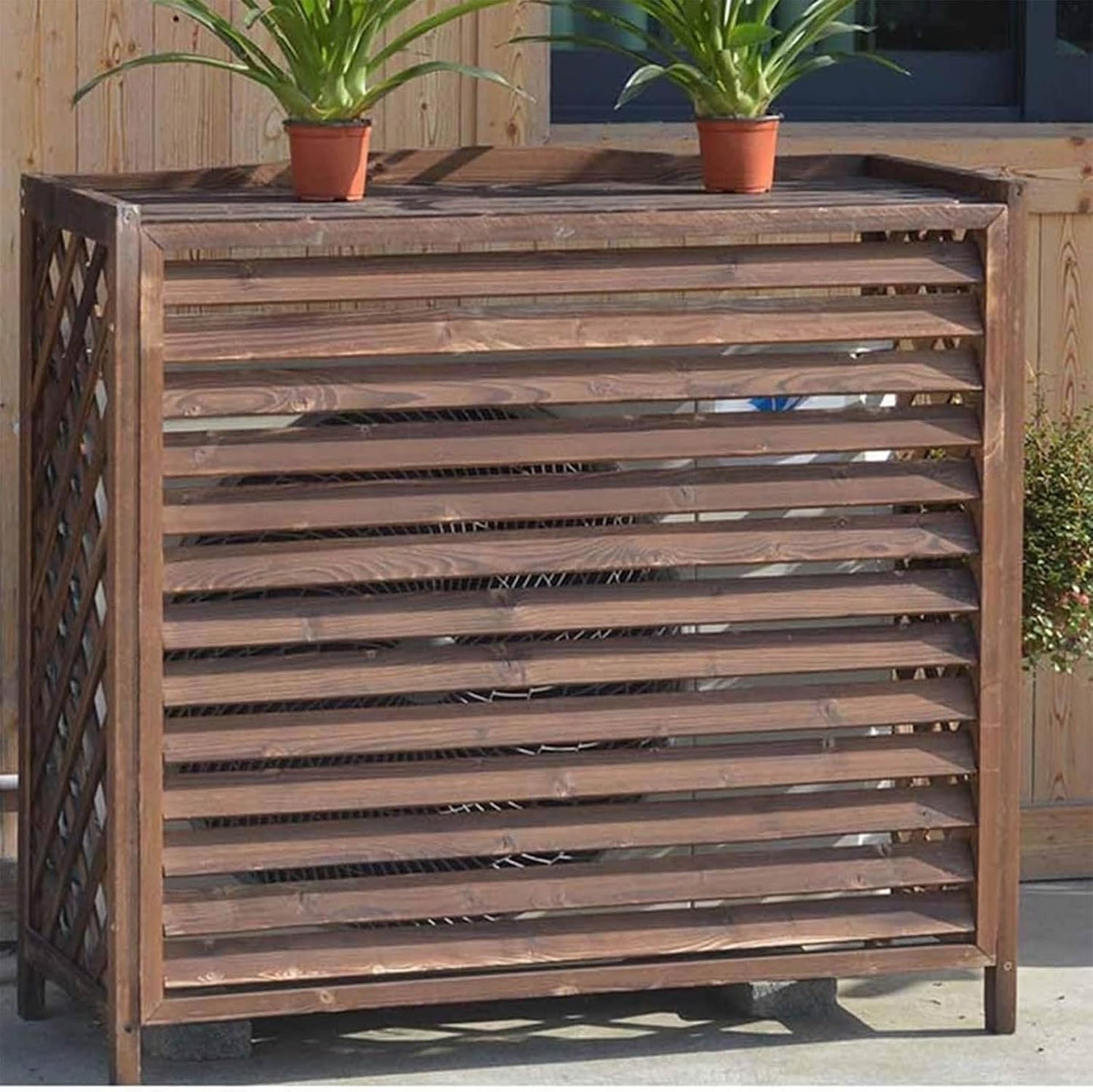  Housse De Climatiseur Extérieur En Bois, Unité Extérieure De Climatiseur à Persiennes, Support De Plantes Marron, Support De Fleurs, Coque De Poubelle Cachée, Facile à Installer