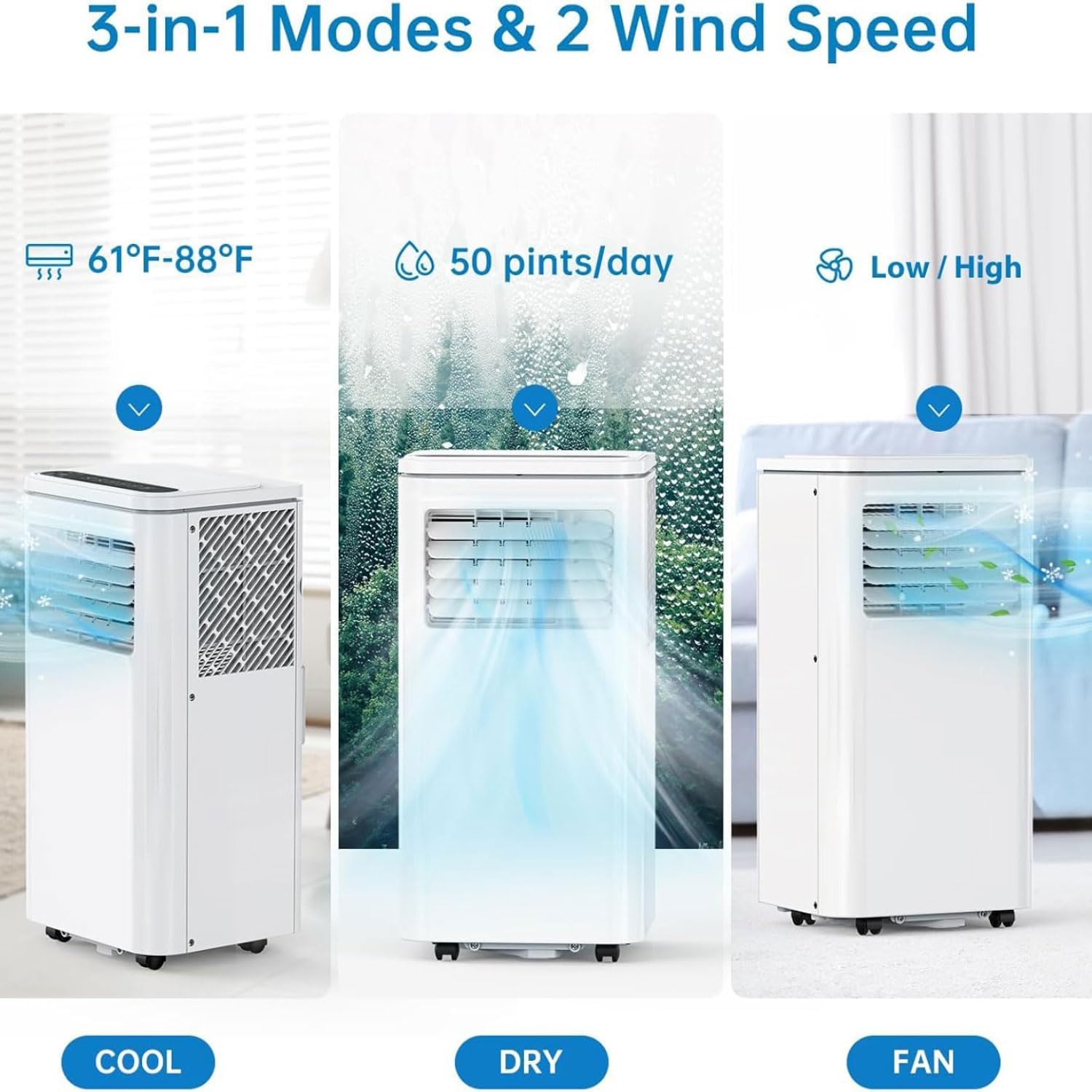  Climatiseur Portable Refroidit 350 Sq.Ft, Unité De Climatisation Portable Intelligente Silencieuse Avec Ventilateur Et Déshumidificateur LED Affichage à Distance 24H Minuterie Kit De Fenêtre Refroidis