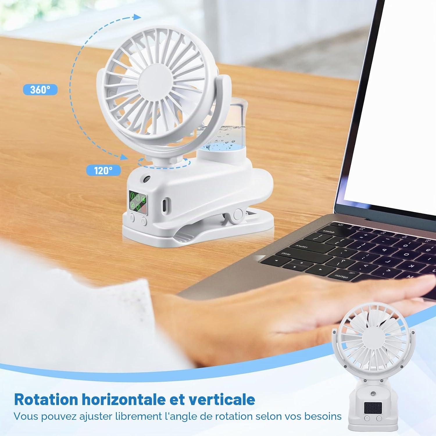  JIZZU Ventilateur à Pince, Mini Ventilateur Rechargeable Par USB Avec Spray Humidificateur, à 4 Vitesses Avec Clip, Affichage LED, Small Table Fan Pour Bureau, Maison, Camping - Blanc