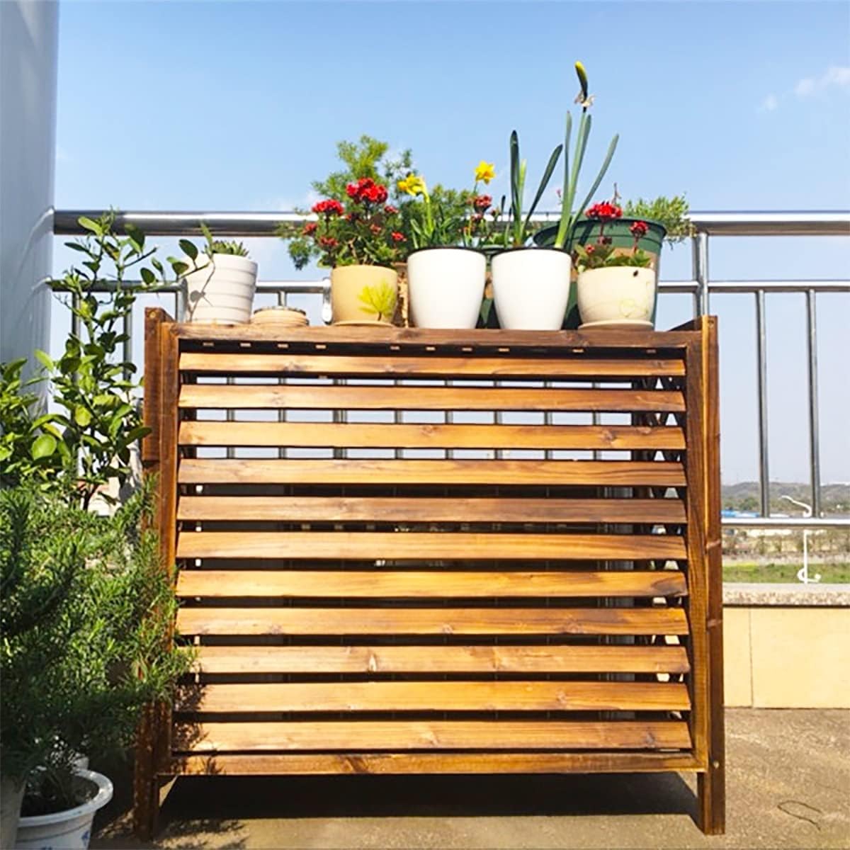  Clôture En Bois Massif Pour Climatisation, écran De Confidentialité Extérieur, Support Pour Climatiseur, Support Pour Fleurs, Grille De Protection Pour Séparation D'espace