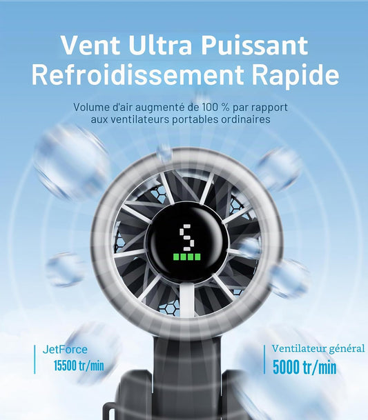  Diveblues Ventilateur Portable à Main, Ultra Rapide 10m/s, 5 Vitesses, Batterie Rechargeable, Jusqu'à 12h, Ventilateur De Poche Avec Technologie Turbo Pour Extérieur, Voyage, Noir