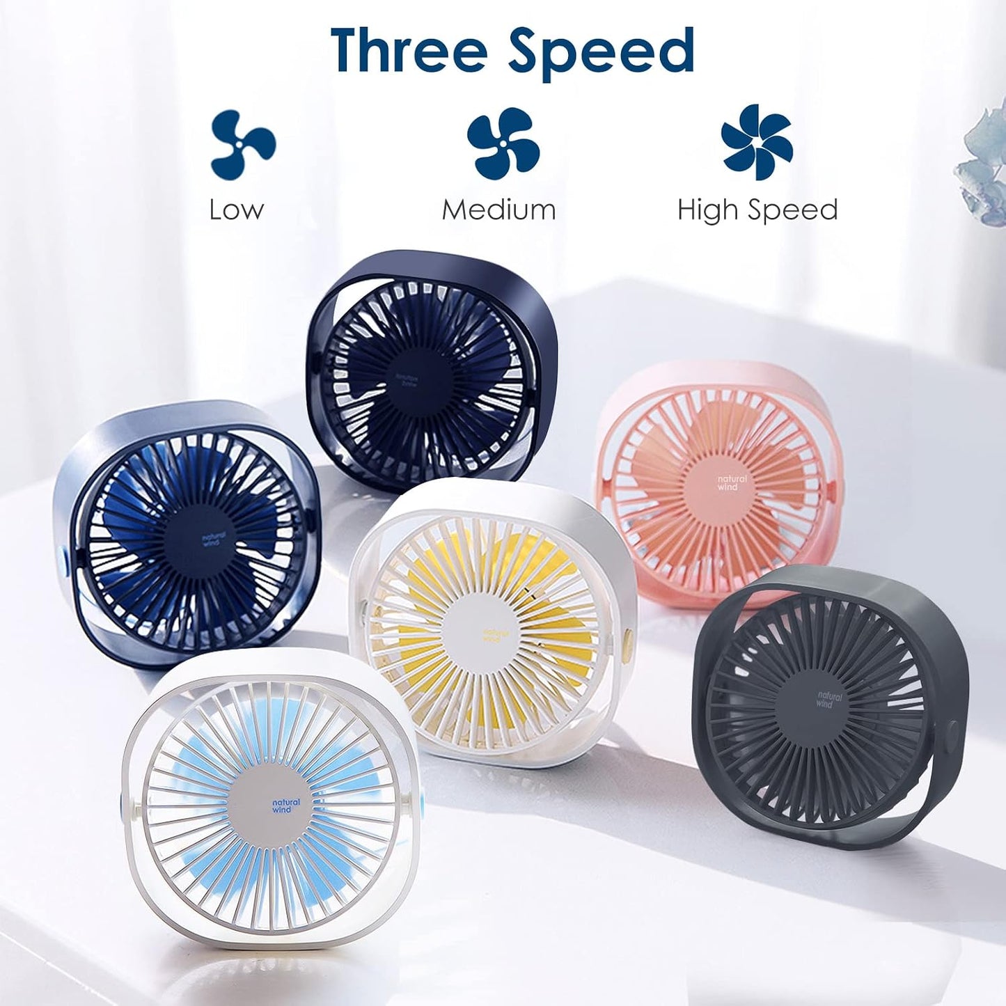  Simpeak Ventilateur USB Mini Ventilateur Portable Silencieux Ventilateur Bureau 3 Vitesses Réglable Alimenté Par USB, Pour Le Maison Et Bureau (Bleu)
