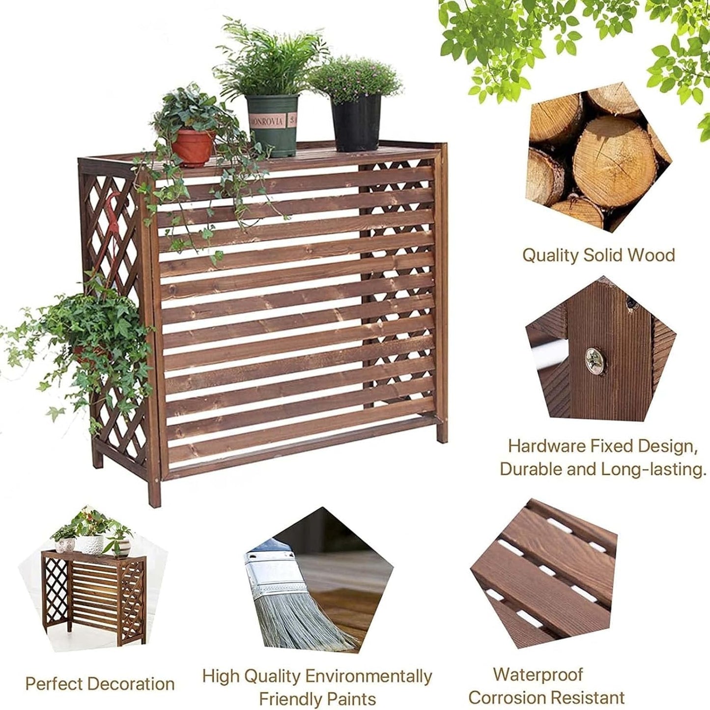  Housse De Climatiseur Extérieur En Bois, Unité Extérieure De Climatiseur à Persiennes, Support De Plantes Marron, Support De Fleurs, Coque De Poubelle Cachée, Facile à Installer
