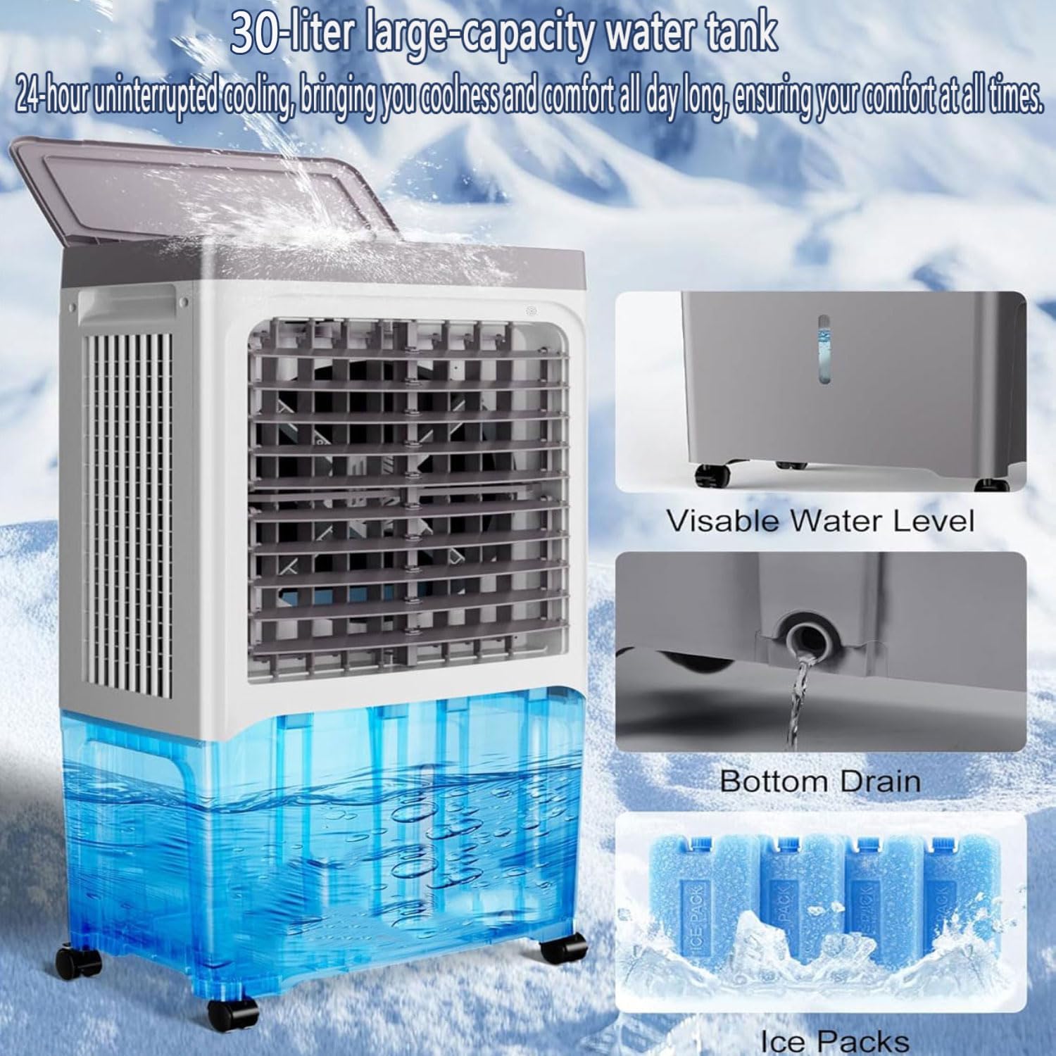 GENERIC Climatiseurs Portables Refroidisseur D'air évaporatif Avec 3 Vitesses Swamp Cooler Sans Fenêtre Portable AC Unit Ventilateur De Refroidissement Qui Soufflent L'air Froid 30LWater Tank Ultra Calme Pour