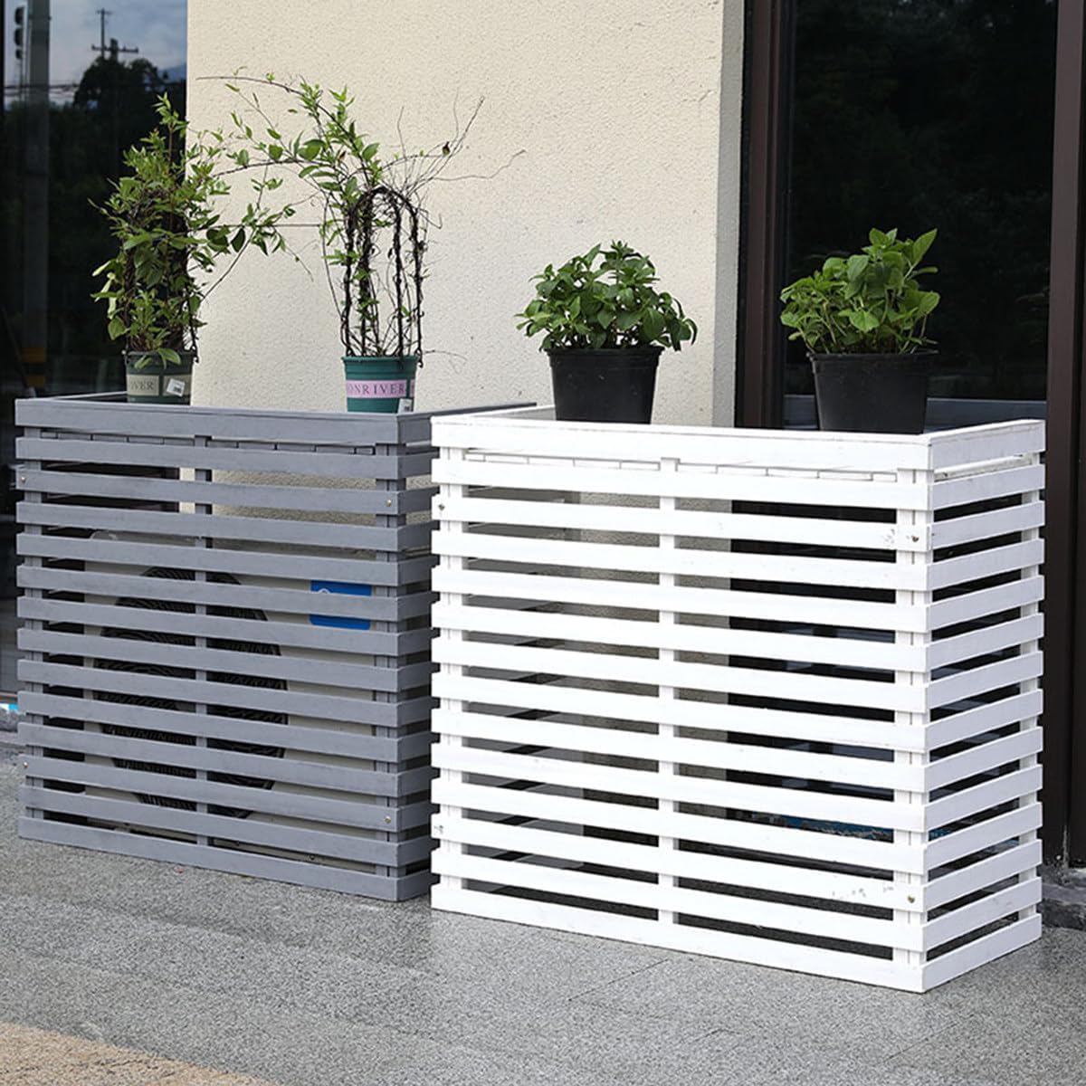 GENERIC Housse De Climatiseur D'extérieur En Bois Massif Avec Persiennes Et Support De Fleurs Résistant Aux Intempéries 105 X 45 X 95 Cm Solution Décorative Et Fonctionnelle