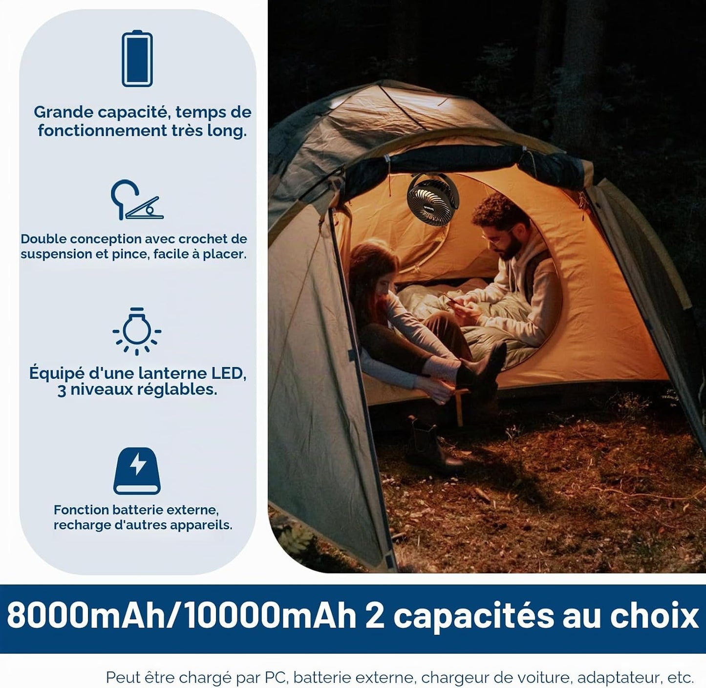  Simpeak 8000 MAh Ventilateur USB Avec Télécommande Mini Ventilateur Portable De Camping Ventilateur De Table Pince Avec 3 Vitesses| 3 Modes De Lumière LED| Rotation à 720°