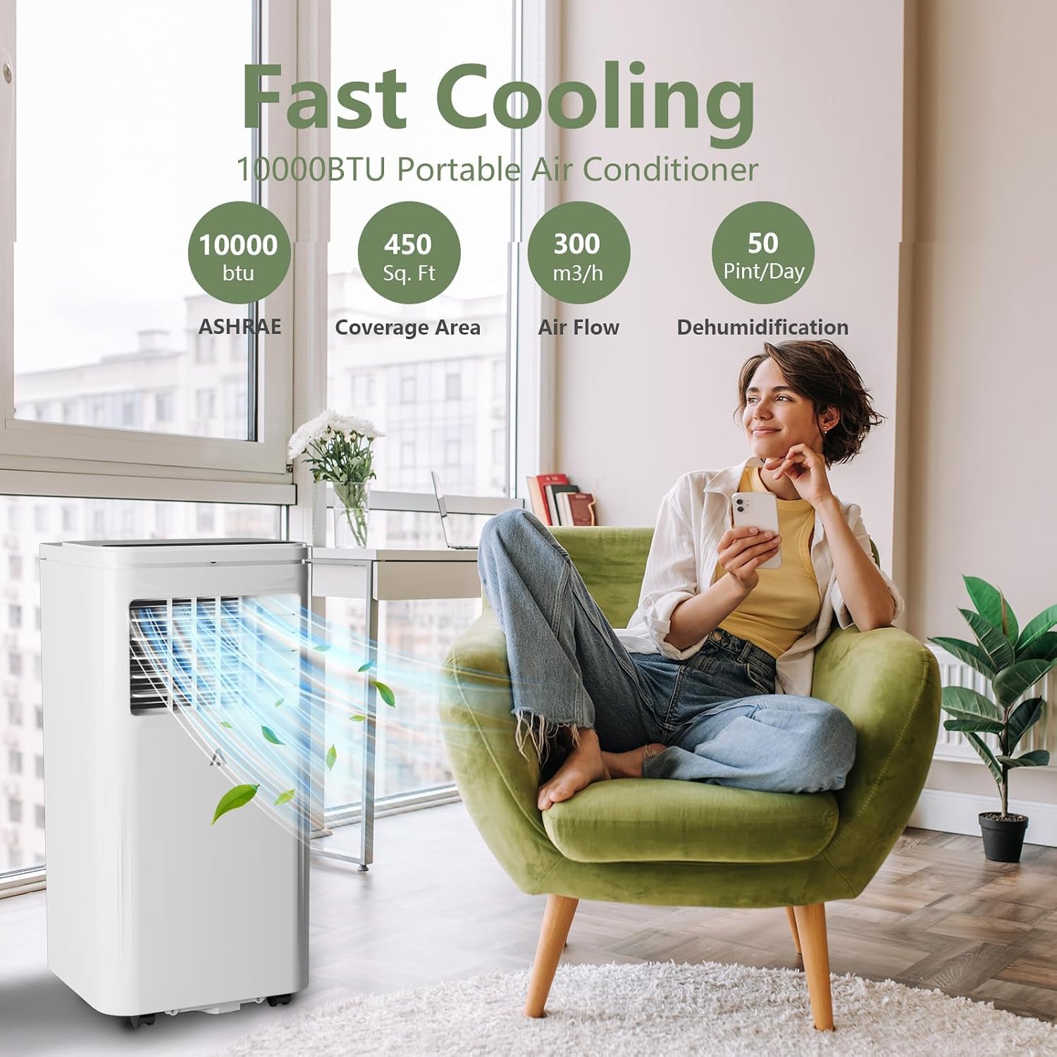  Climatiseurs Portables 10000 BTU - Cools 450 Sq.Ft Rooms, 3 En 1 AC Avec Déshumidificateur, Minuterie Et Télécommande, Comprend Un Kit De Fenêtre