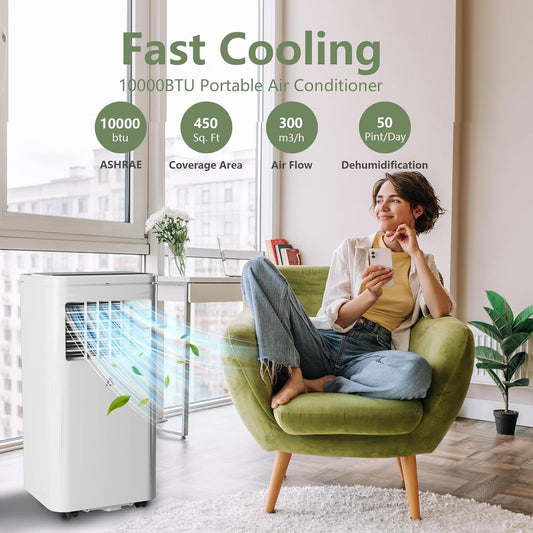  Climatiseurs Portables 10000 BTU - Cools 450 Sq.Ft Rooms, 3 En 1 AC Avec Déshumidificateur, Minuterie Et Télécommande, Comprend Un Kit De Fenêtre