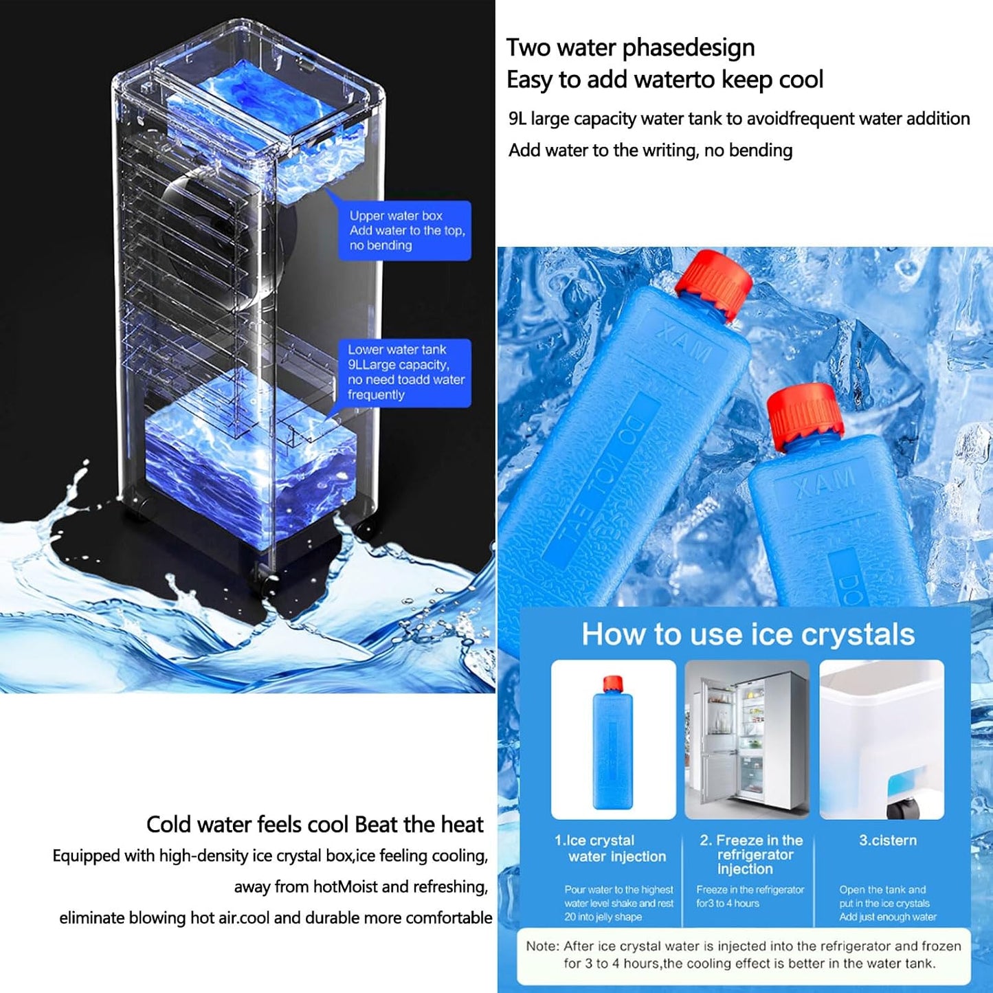  Climatiseur Portable Avec Refroidissement, Ventilateur Et Déshumidificateur, 3 Vitesses, Fonction Swing, Réservoir D'eau Double Remplissage, Roues 360 ° Pour La Chambre Et Le Bureau