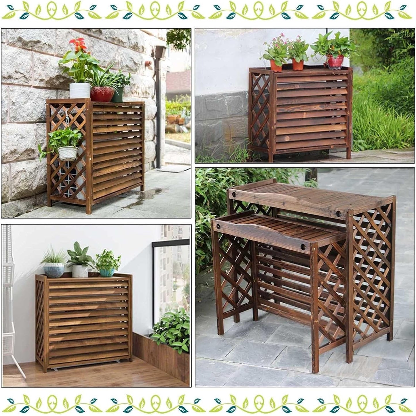  Housse De Climatiseur Extérieur En Bois, Unité Extérieure De Climatiseur à Persiennes, Support De Plantes Marron, Support De Fleurs, Coque De Poubelle Cachée, Facile à Installer
