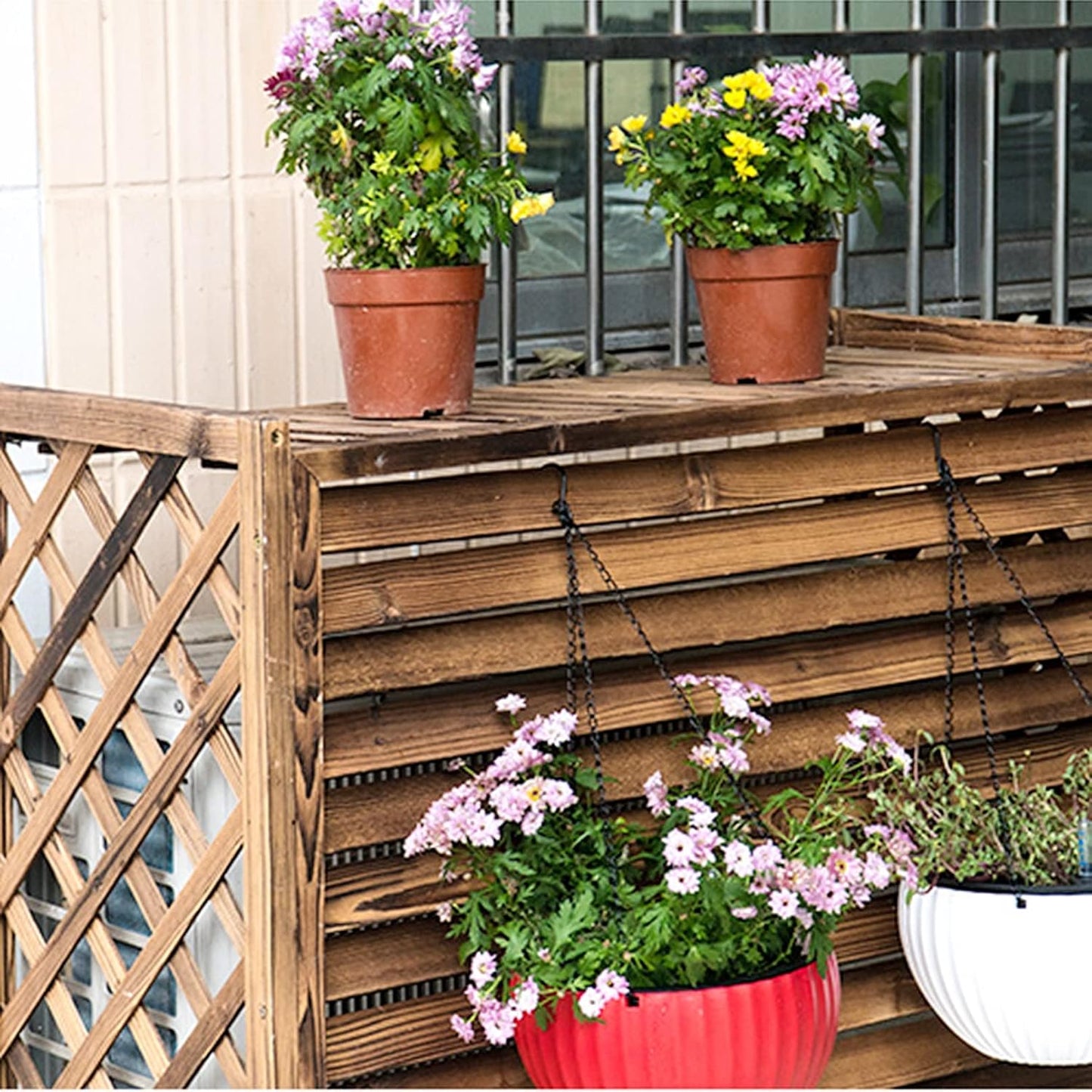 GENERIC Housse De Climatiseur Extérieur Et Boîtier De Pompe à Chaleur – Bois Massif, Poubelle, Support De Fleurs Avec Grilles De Protection Pour Cour Et Terrasse