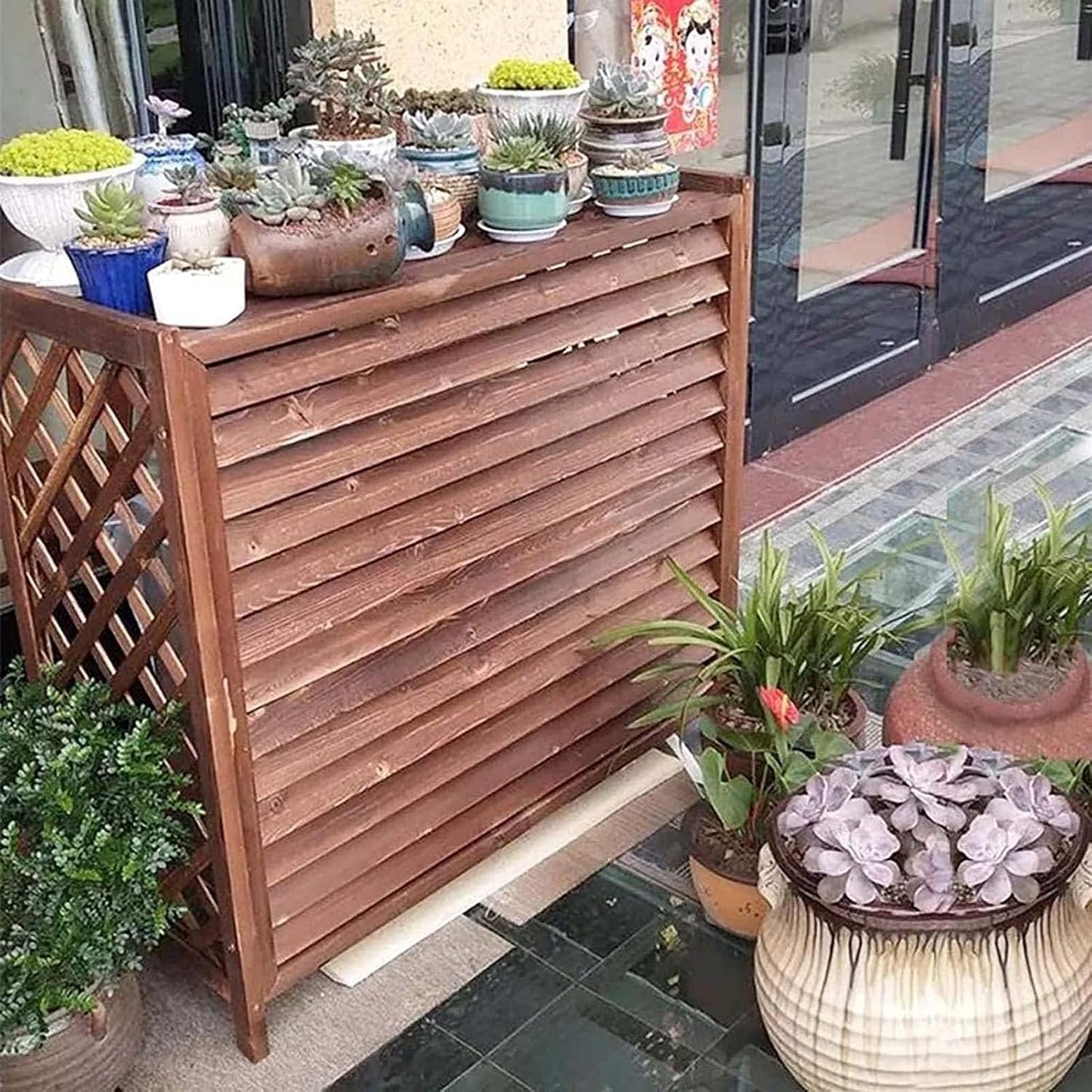  Housse De Climatiseur Extérieur En Bois, Unité Extérieure De Climatiseur à Persiennes, Support De Plantes Marron, Support De Fleurs, Coque De Poubelle Cachée, Facile à Installer