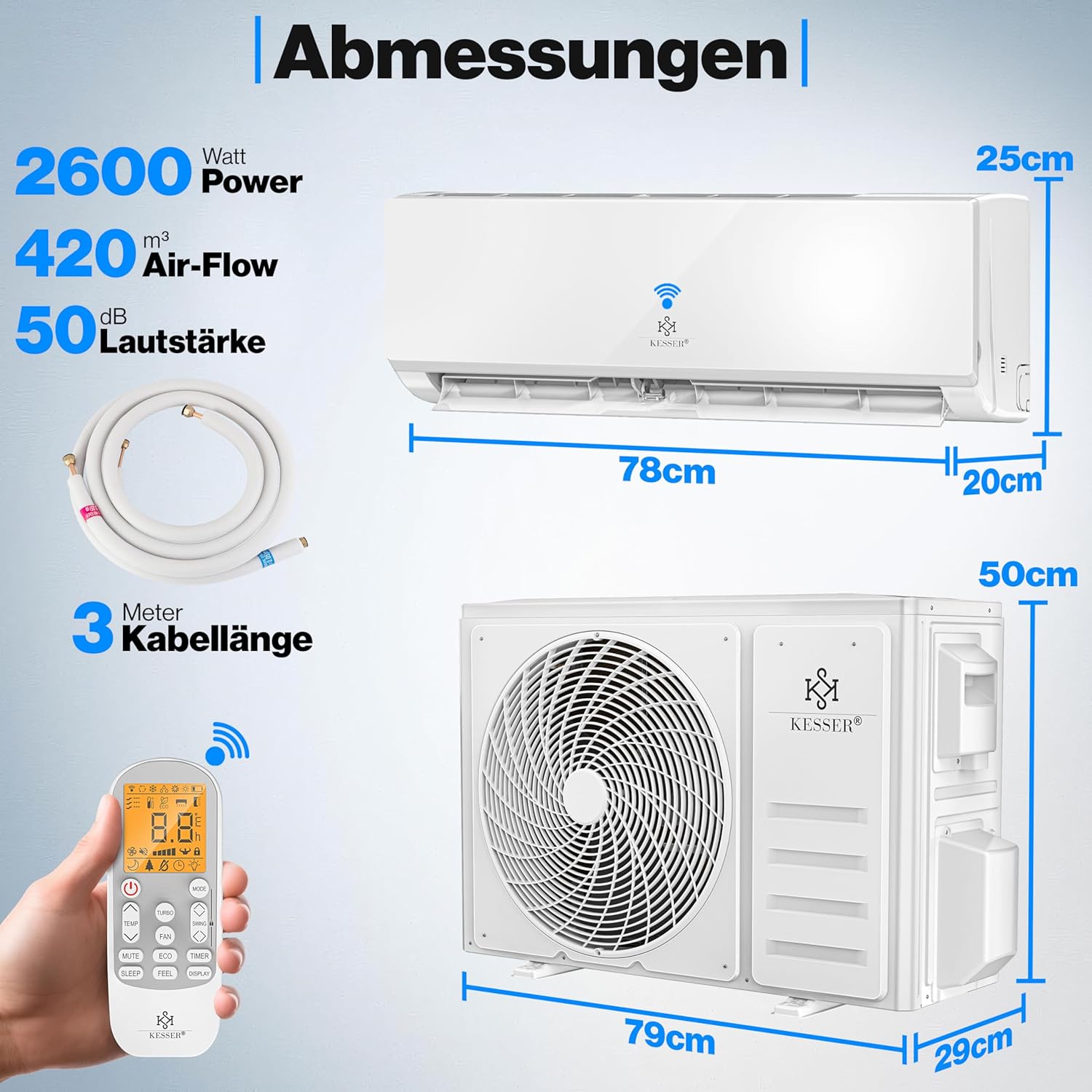  KESSER® Climatiseur SET Split – Wi-Fi/application – Refroidissement A++/chauffage A+ – Réfrigérant R32 – Télécommande, Matériel De Montage 9 000 BTU/h (2 600 Watts) Blanc [Classe énergétique A++]