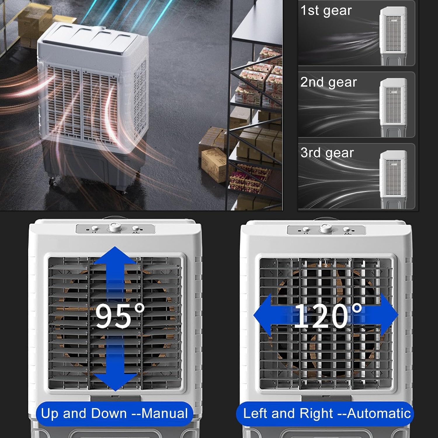 GENERIC Réservoir D'air évaporatif Portable 50L Avec Paquets De Glace, Ventilateur Oscillant à 120 ° Pour Garage Yard Commercial Use, Refroidissement Silencieux Avec 3 Vitesses Et Roues