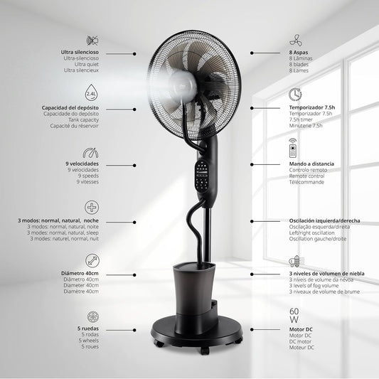  UFESA Mist Fan VNDC Ventilateur Brumisateur, Ultra Silencieux, Télécommande, 3 Modes, Minuterie, 9 Vitesses, 40cm De Diamètre, 8 Pales, 60W, Noir