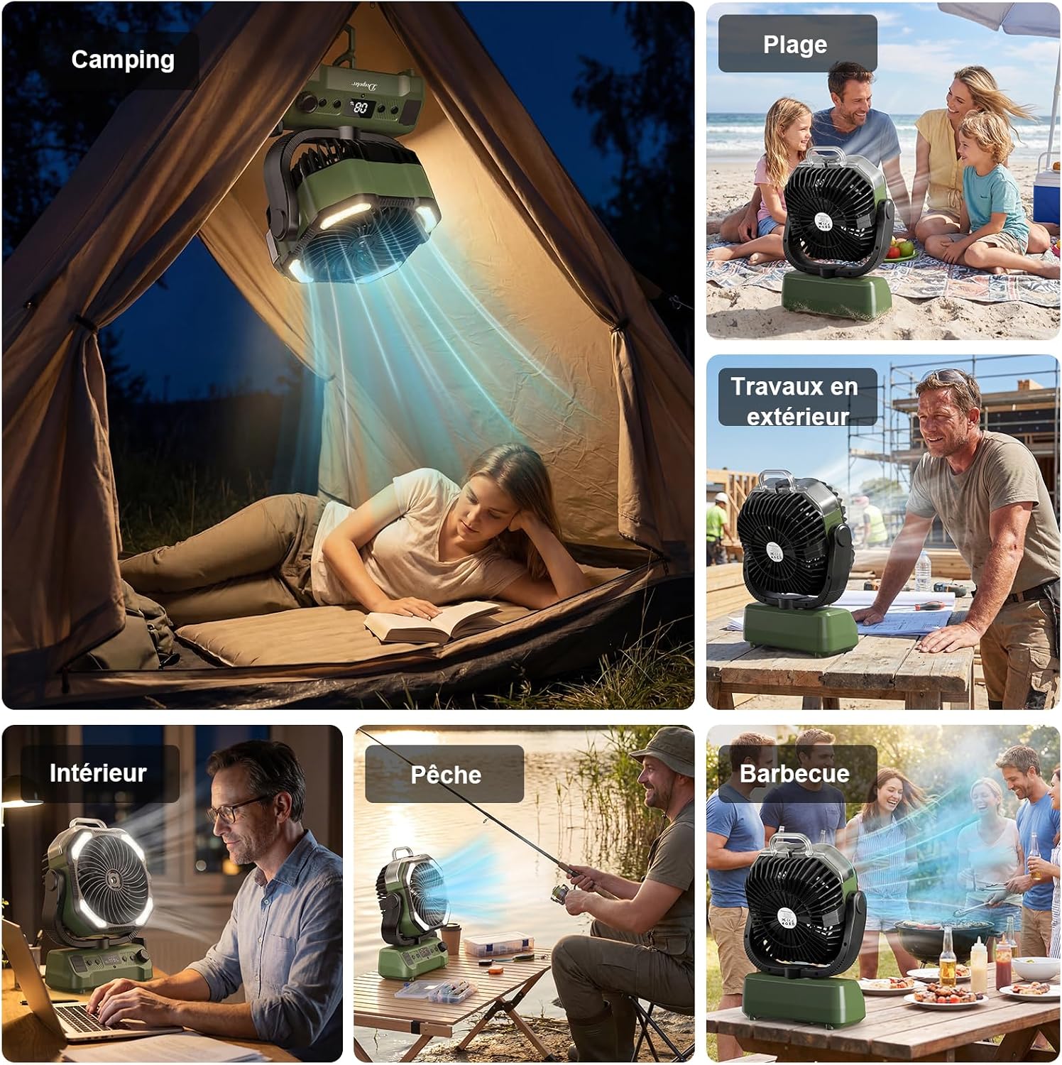  Ventilateur Camping Silencieux Avec Lumière, Ventilateur Sans Fil Portable, Mist Fan Batterie Rechargeable 20000mAh Avec Rotation Et Minuterie, Crochet De Suspension Pour Car Extérieur Bureau - Vert