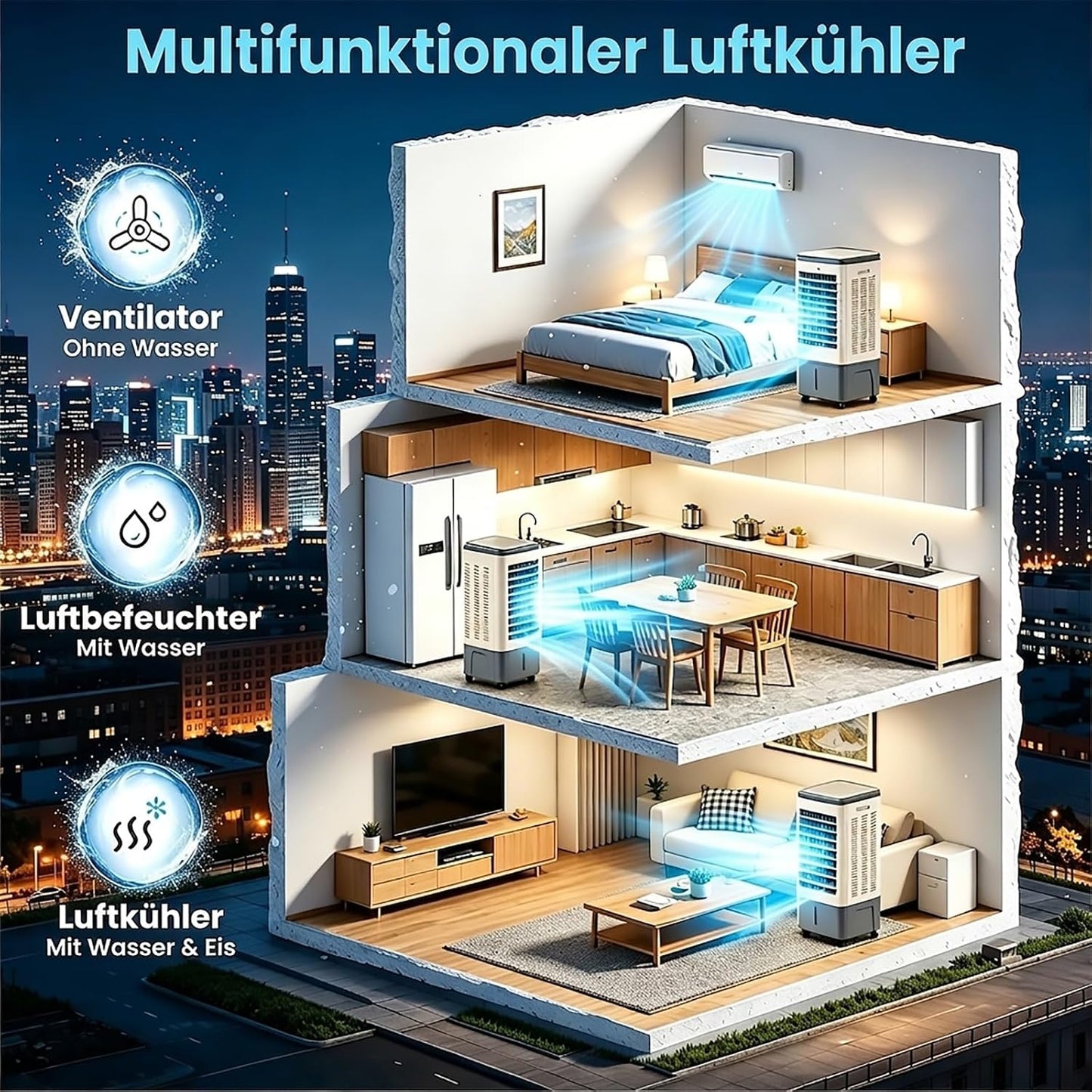 GENERIC Climatisation Mobile Sans Tuyau D'échappement 4in1 Refroidisseur D'air, Refroidisseur D'air Avec Télécommande, Réservoir D'eau De 20 Litres, 3 étapes Incl, 7H Minuteur, 2 Batteries De Refroidissement,