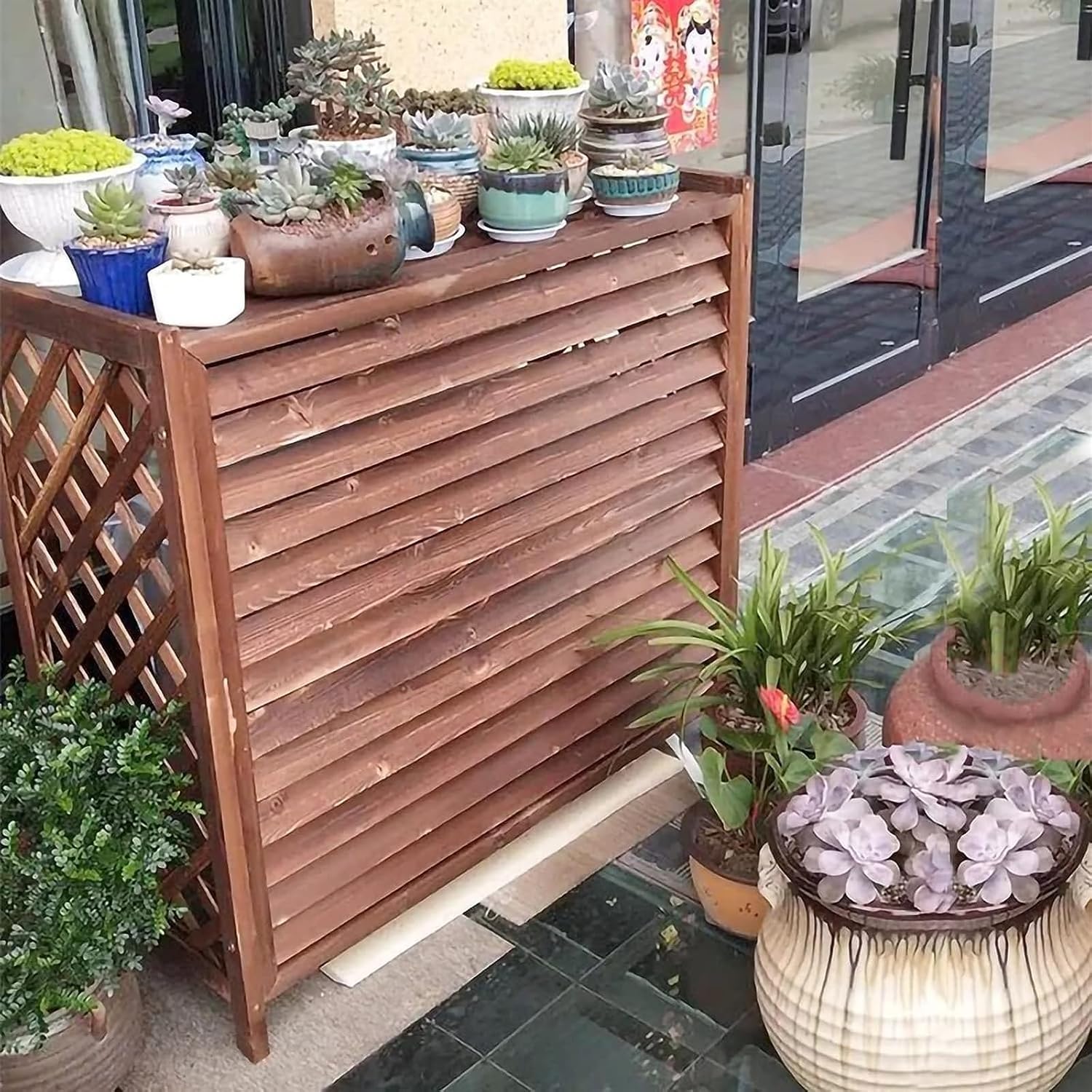 GENERIC Housse De Protection En Bois Massif Pour Climatiseur D'extérieur Avec Stores Et Grille Multifonctionnelle Pour Balcon Et Support De Fleurs, Facile à Assembler, Durable Et élégante Pour Une Utilisation