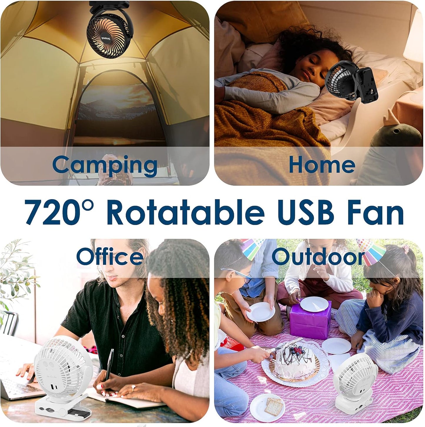  Simpeak 10000mAh Ventilateur USB Avec Télécommande Mini Ventilateur Portable De Camping Ventilateur De Table Pince Avec 3 Vitesses| 3 Modes De Lumière LED| Rotation à 720°