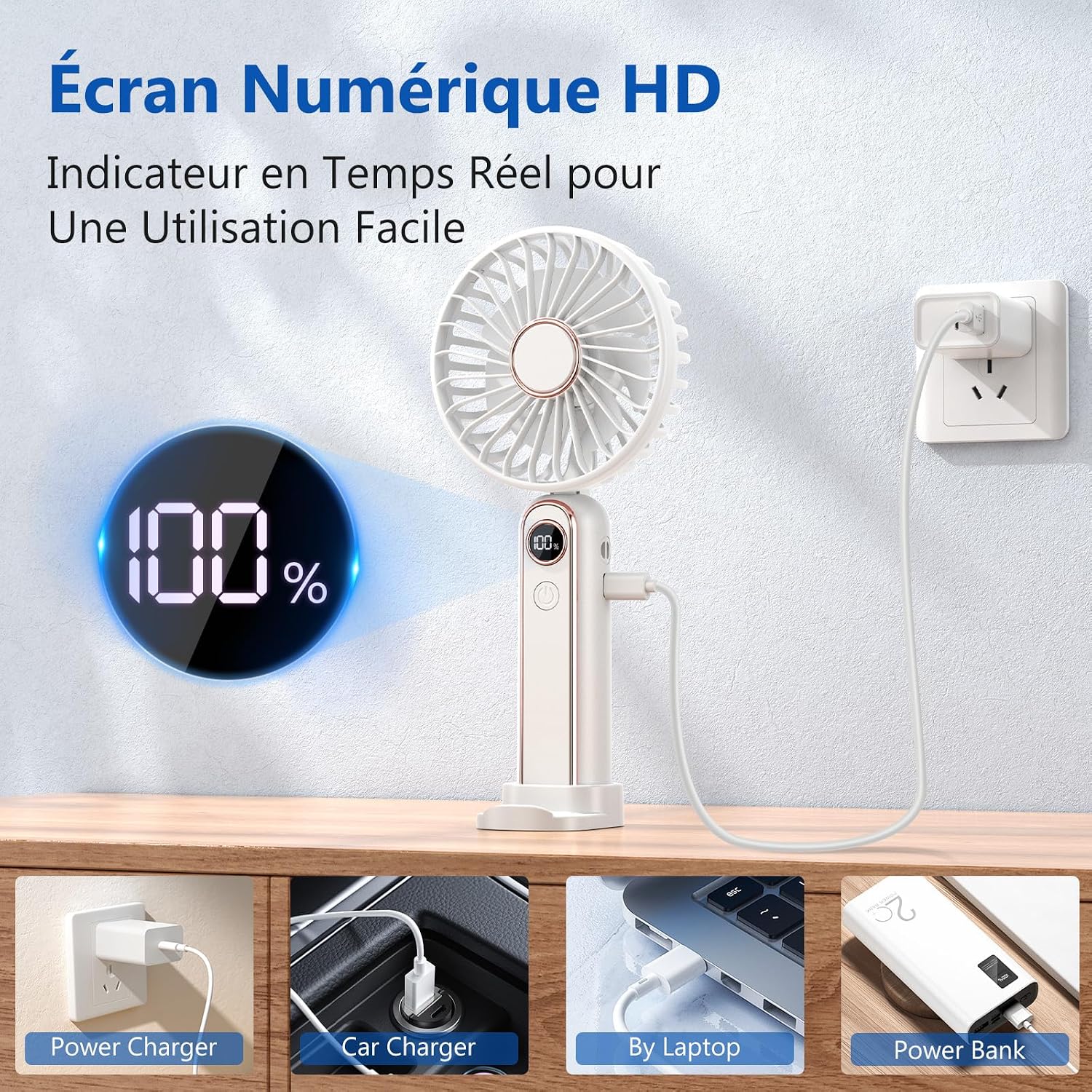  Mini Ventilateur Portable, 6 Vitesses Ventilateur Portable A Main USB Rechargeable, Affichage LCD, Silencieux, Petit Ventilateur De Poche Pliable Pour Voyage, Bureau, Maison, Extérieur