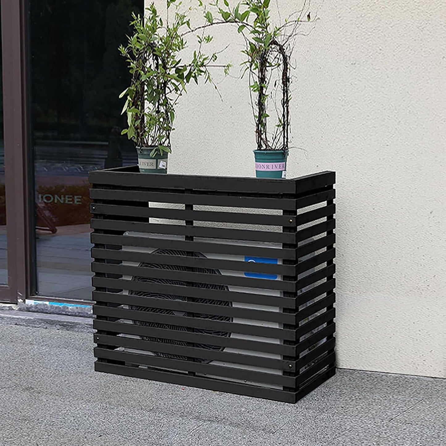 GENERIC Housse De Protection Pour Climatiseur Extérieur, Bois Massif Et Support De Fleurs, Protection De L'unité AC, Résistant Aux Intempéries, Design Décoratif Noir Pour Climatiseurs Portables