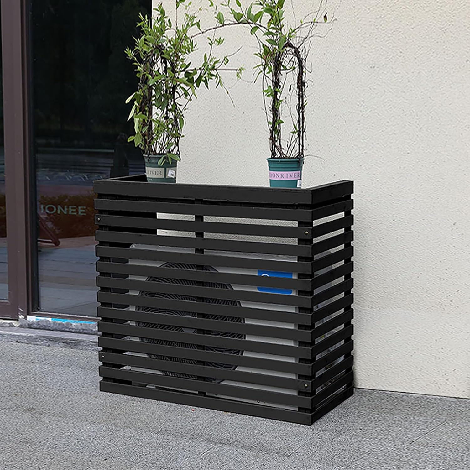 GENERIC Housse De Protection Pour Climatiseur Extérieur, Bois Massif Et Support De Fleurs, Protection De L'unité AC, Résistant Aux Intempéries, Design Décoratif Noir Pour Climatiseurs Portables