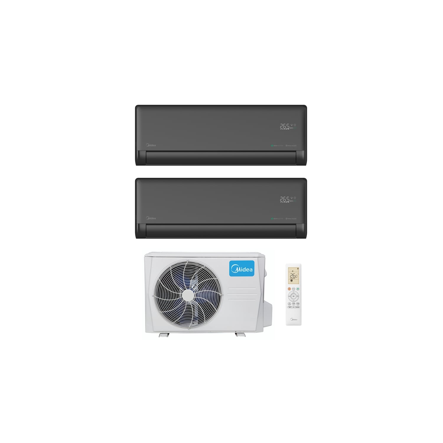  Ensemble Climatiseur Reversible Bi-split 7 Kw + 2,6kw Mural Connecté Solstice Noir - Midea